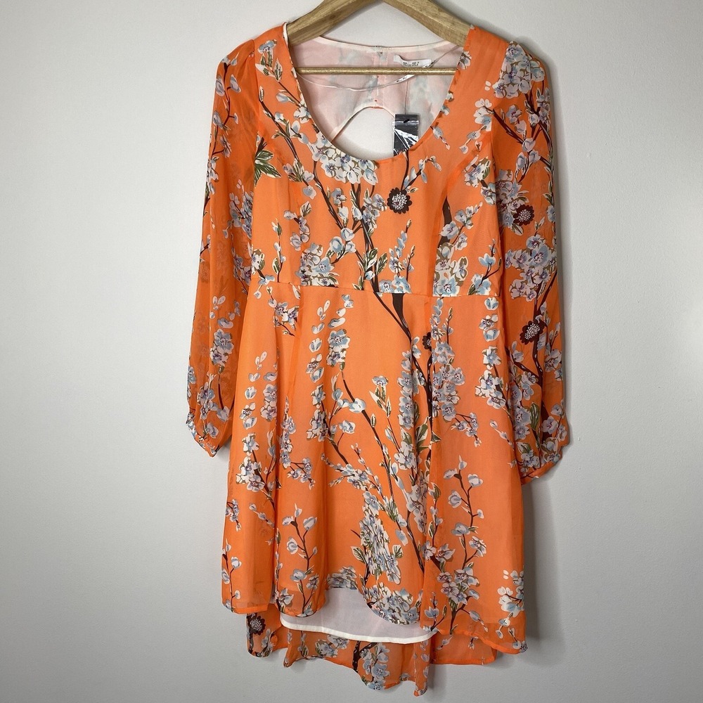 Miss Me Women's Orange Floral Dress Cut Out Back Lined Long Sleeve‎ Size M